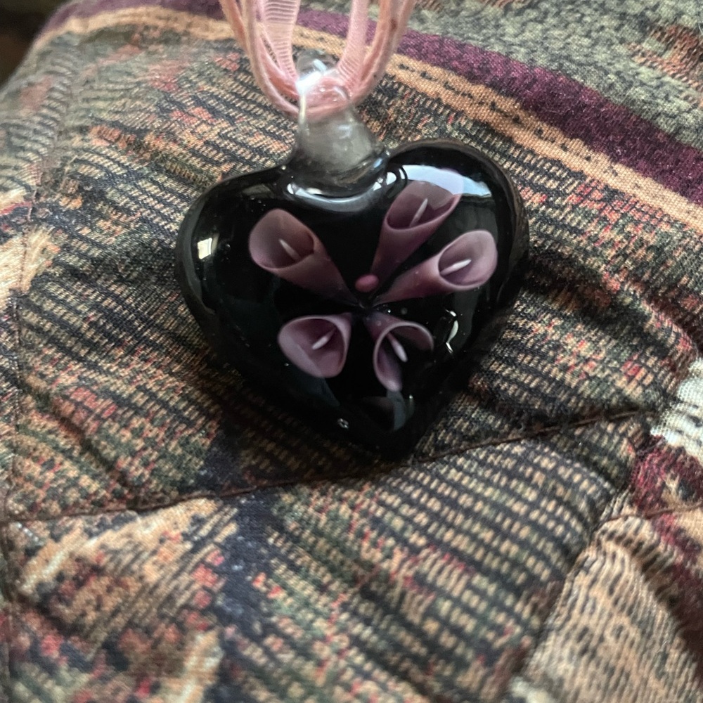 Black Heart Pendant with Pink Floral Design